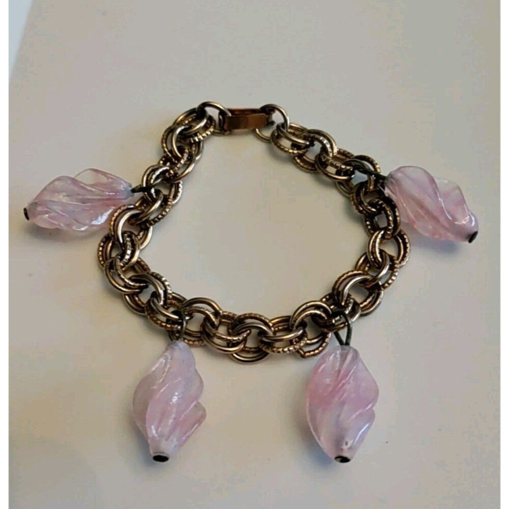 Pink Twisted Glass Bead Charm Bracelet Size 6.5 Gold Tone Double Link Vintage...